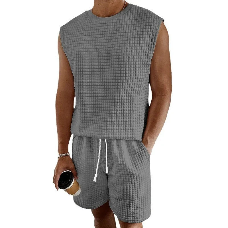 Männer Kurze Sets Casual Oansatz Ärmellose Waffel Westen Tops & Hohe Elastische Taille Kordelzug Breite Bein kurze Anzüge CBFS-2447